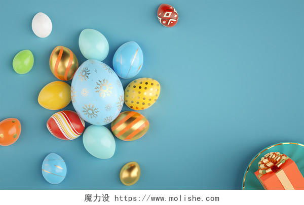 蓝色简约3D立体复活节彩蛋背景C4D复活节彩蛋兔子插画